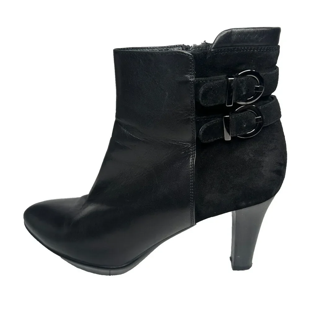 Aquatalia Italian Leather Ankle Boots Roma Black Double Buckle